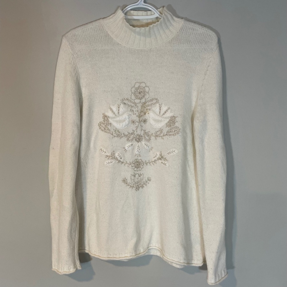 Coldwater Creek Womens Cream Mock Neck Embroidered Bird Floral Sweater Medium